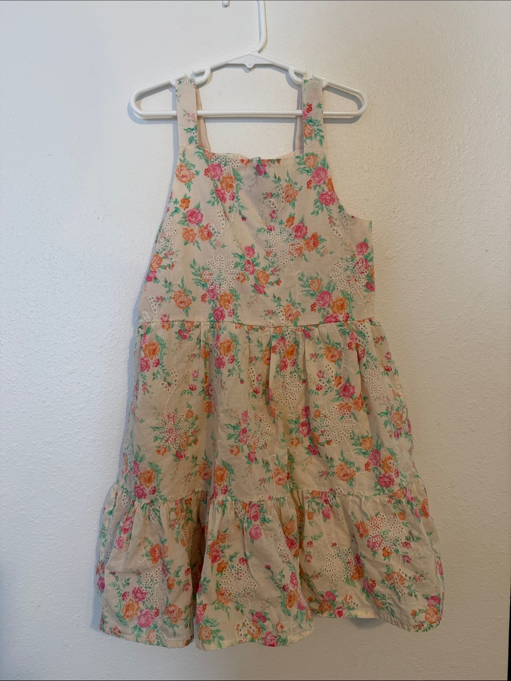 btween Cream Floral Tiered Dress with Pink & Orange Blooms